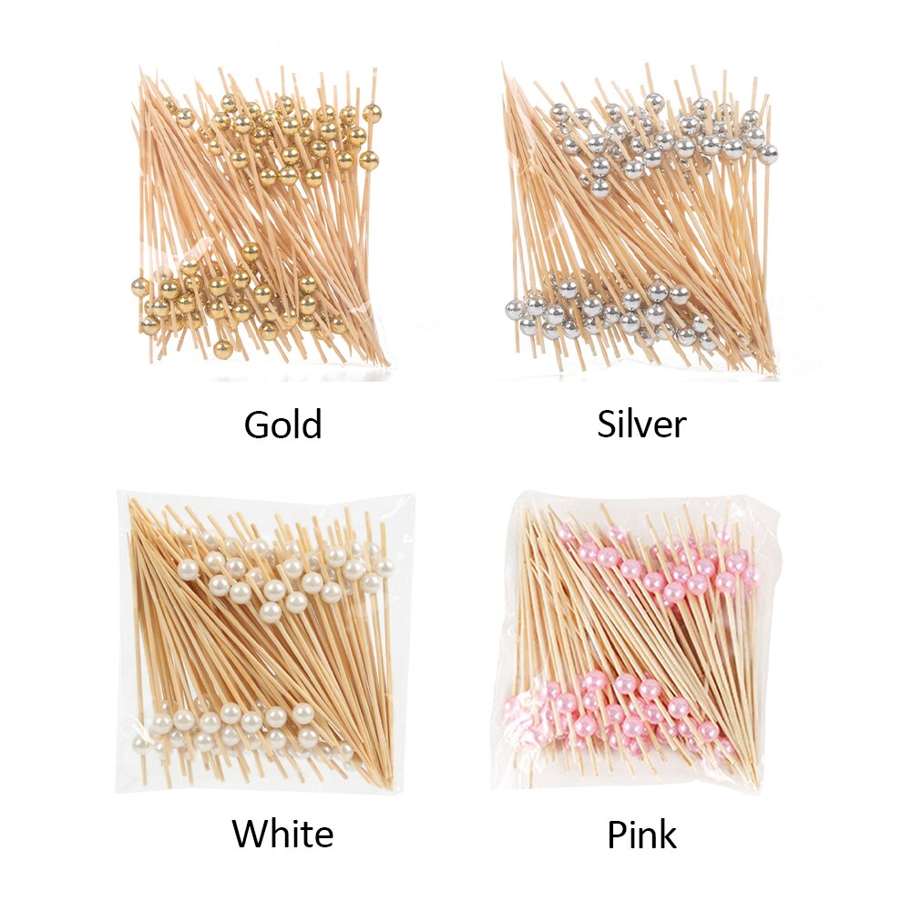 100pcs Salad Home Desserts Wedding Party Bamboo Toothpicks Practical Cake Decor Cocktail Picks With Pearl Disposable Restaurant