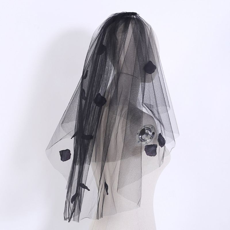 Womens Romantic Halloween Day of the Dead Wedding Veil with Black Flower Petals