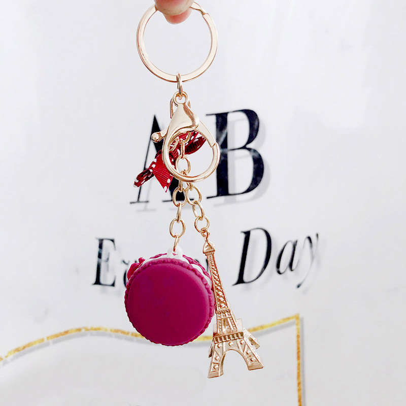 Paris Tower Macaron Cake Keychain Dessert Model Keychains Car Pendant Ornaments Women Bags Jewelry Keyring porte clef: Rose Red