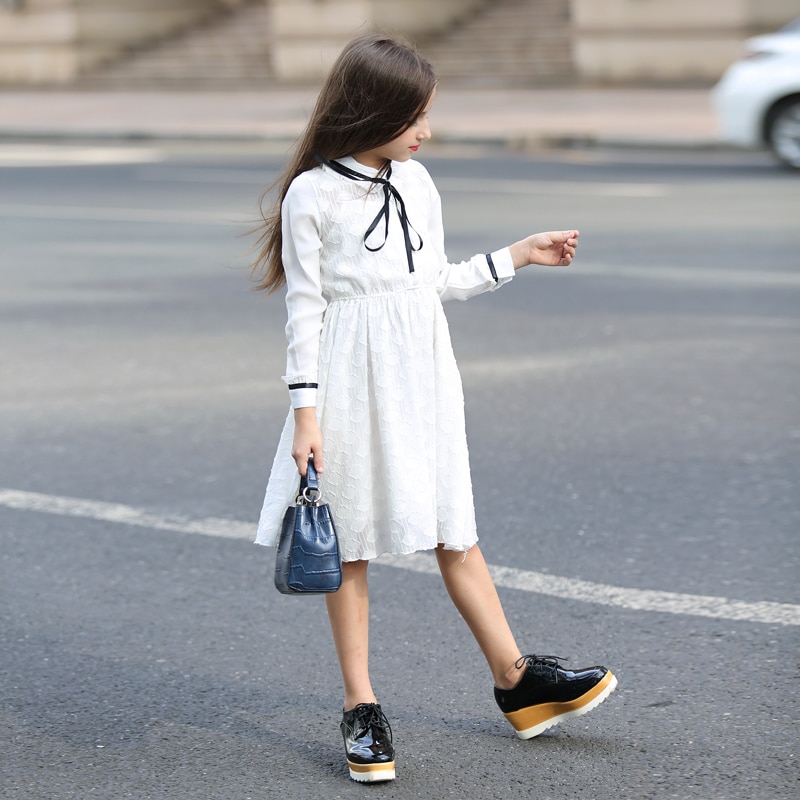 Girls White Lace Dress 6-16Y Teen Girls Dress Long Sleeve Princess Dress for Kids Girls Spring Autumn Children Dress