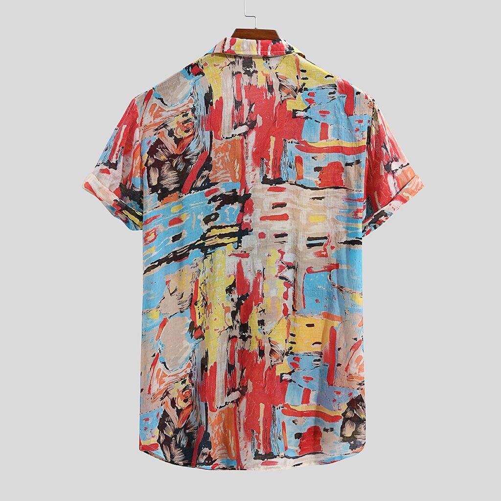 KANCOOLD Shirt Mens Summer Breathable Colorful Printing Loose Turn Down Collar Short Sleeve Pocket Shirt Top shirts for men Jun2