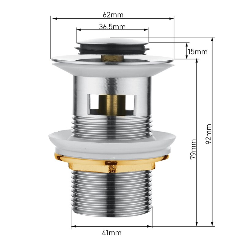 Basin Sink Waste Popup, Click Clack Sprung Plug With Overflow For Bathroom Sink, Sprung Basin Waste Slotted