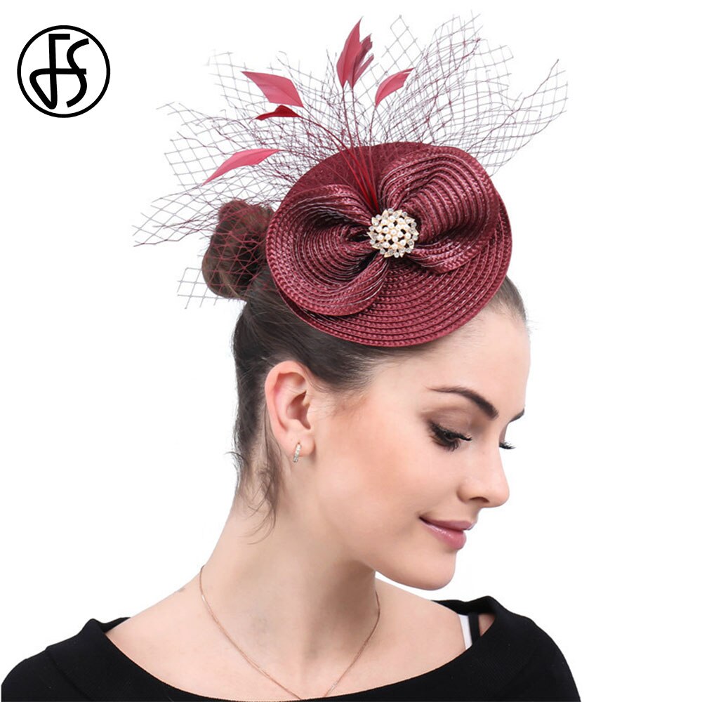 FS – chapeaux de mariage rouge vin pour femmes, chapeau de Cocktail, , avec nœud papillon