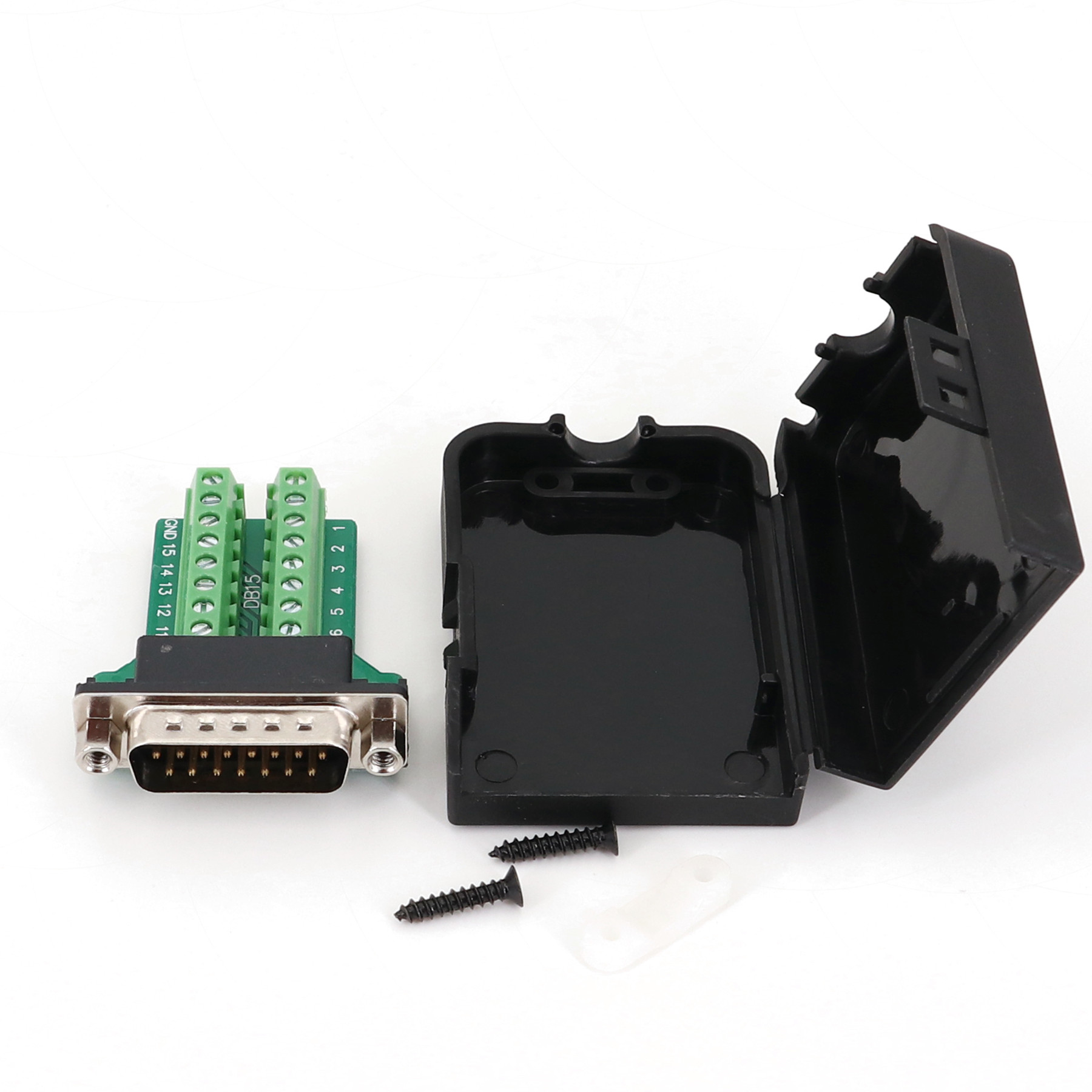 DB15 Male / Female 2 Row 15Pin Plug Breakout Terminals Board Connector with Black Plastic Cover