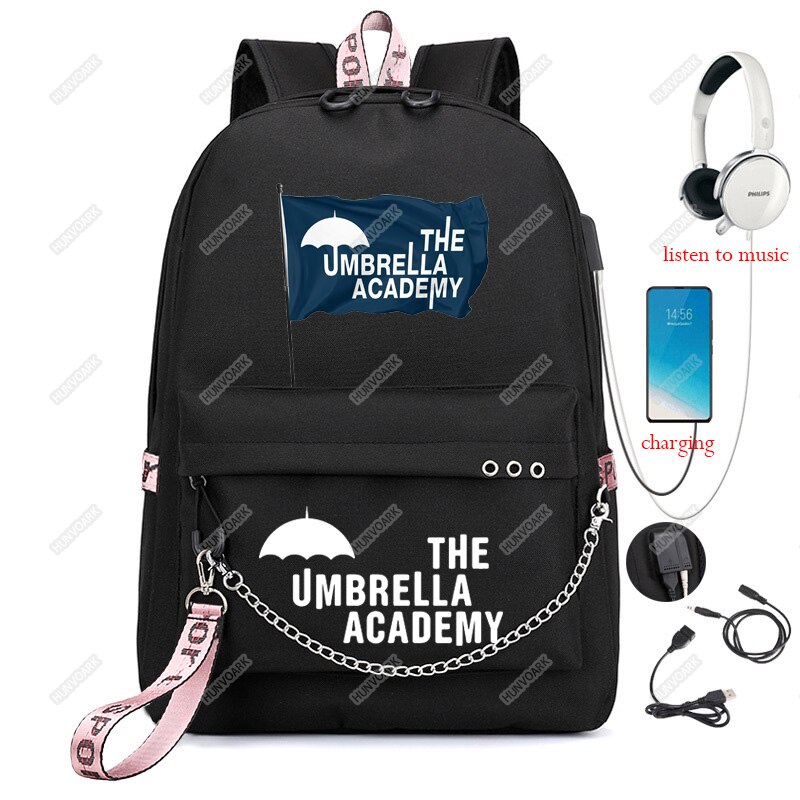 The Umbrella academy USB Backpack Women Men Teenager School Bag Women USB Travel Rucksack Large Mochila Escolar With Chain: Black-5