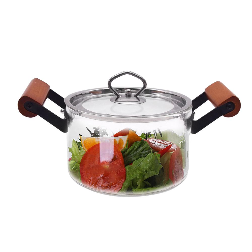 Lasinen kattila puisella kahvalla ja höyryreiällä lämmönkestävä kattila kannella 1.6l