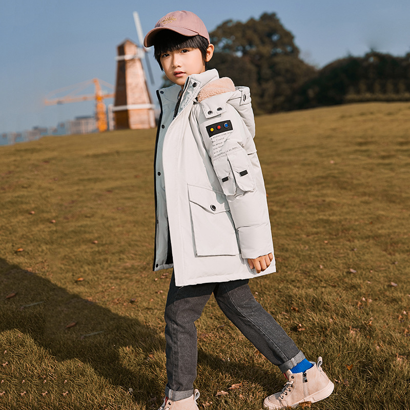 Giacca invernale da bambino per bambini piumino d'anatra parka caldo per bambini cappotto abbigliamento giacca invernale con cappuccio da scuola per ragazzi: Light Grey / 120