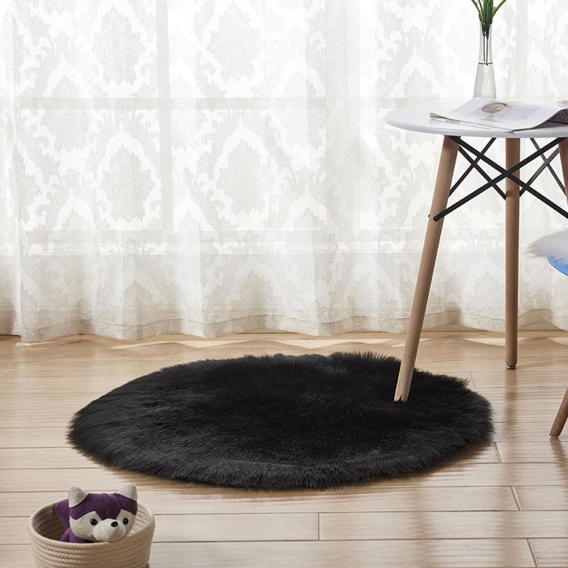 Shaggy Tapijt Wol Faux Pluizige Mat Kunstmatige Schapenvacht Harige Mat Ronde Tapijt Geen Pluisjes Tapijt Voor Slaapkamer Woonkamer Decor 30*30Cm: Black