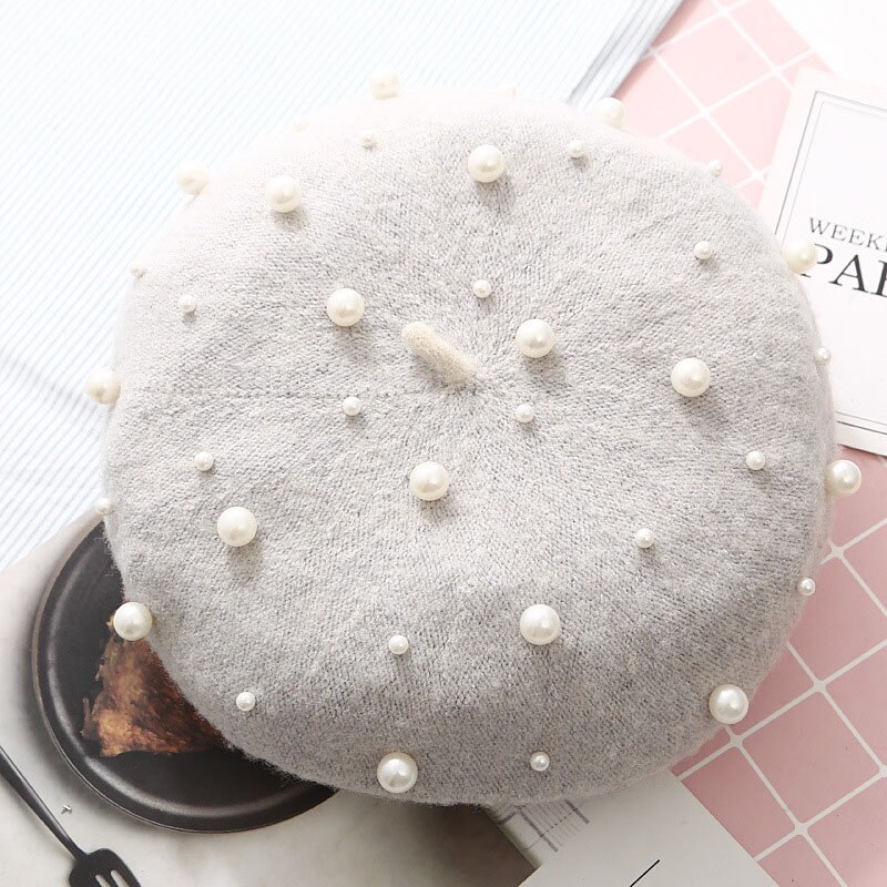 Wool Women Winter berets Luxury pearl rivet Vintage Cashmere Female Warm Vogue beret Hats Girls Flat cap beret for women: Gray