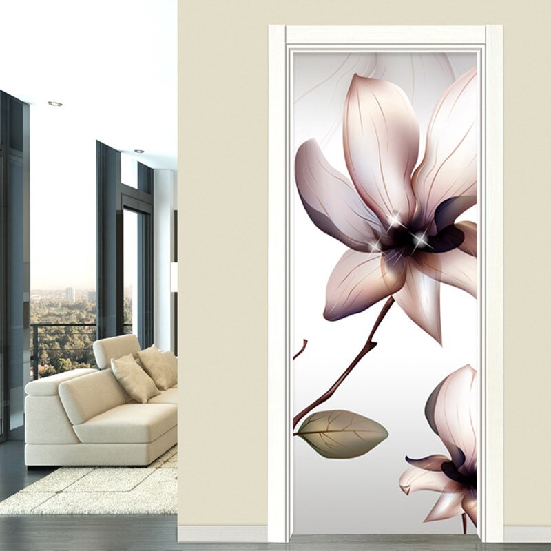 Pegatina de puerta de arte moderno, 3D papel tapiz de flores, calcomanías de pared de PVC autoadhesivas para decoración del hogar, sala de estar y dormitorio