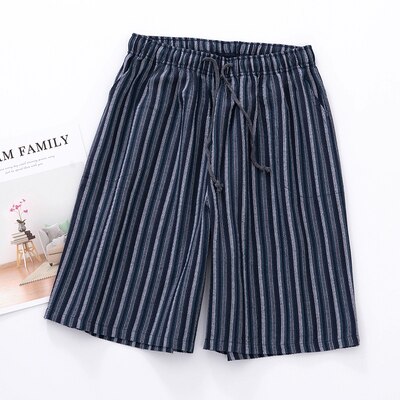 Japanese style linen men's knee length pants cotton gauze pajama striped shorts summer thin casual home sleep bottoms underwear: blue green