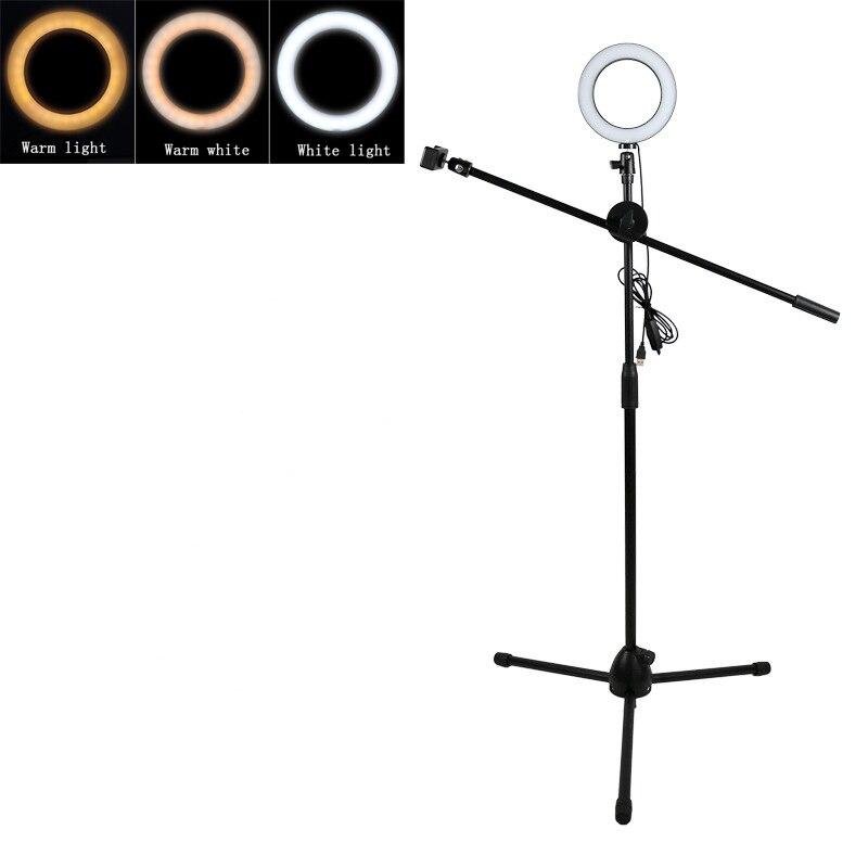 Phone Photography Beauty LED Ring Light Lamp Dimmable Adjustable Shooting Boom Arm Photo Light Studio Stand Tripod Holder Kit