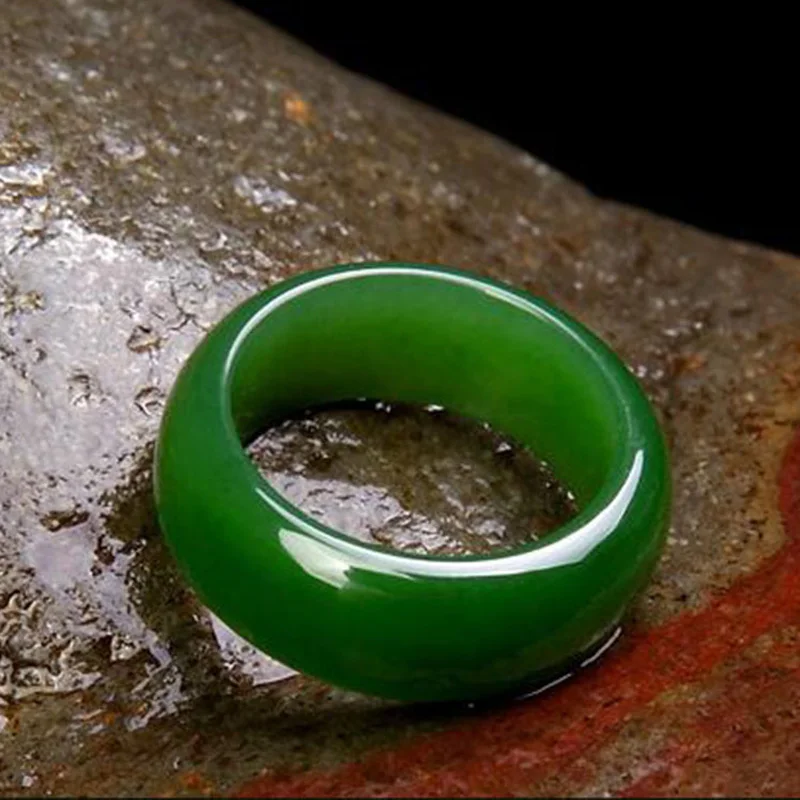 Naturlig grønn heti jade ring kinesisk jadeitt amulett sjarm smykker håndskåret håndverk for kvinner menn ringer