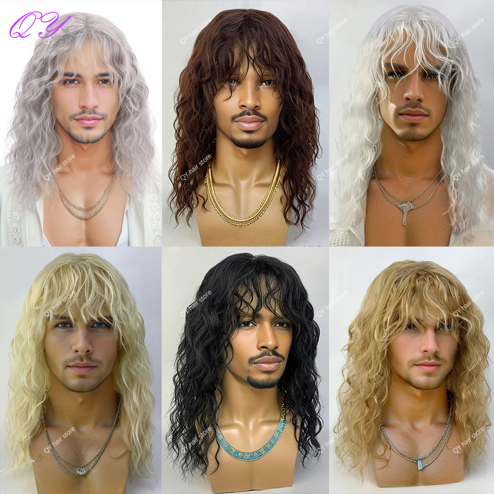Peluca sintética para hombre, peluca larga marrón Natural rizada Rock Man con flequillo para o Cosplay, peluca de pelo masculino con ondas de agua ajustables