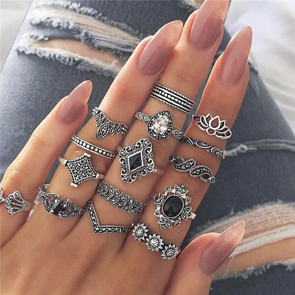 15 stks/set Vrouwen Mode Ringen Harten Fatima Handen Virgin Mary Cross Leaf Hollow Geometrische Crystal Ring Set Bruiloft Sieraden: 15249