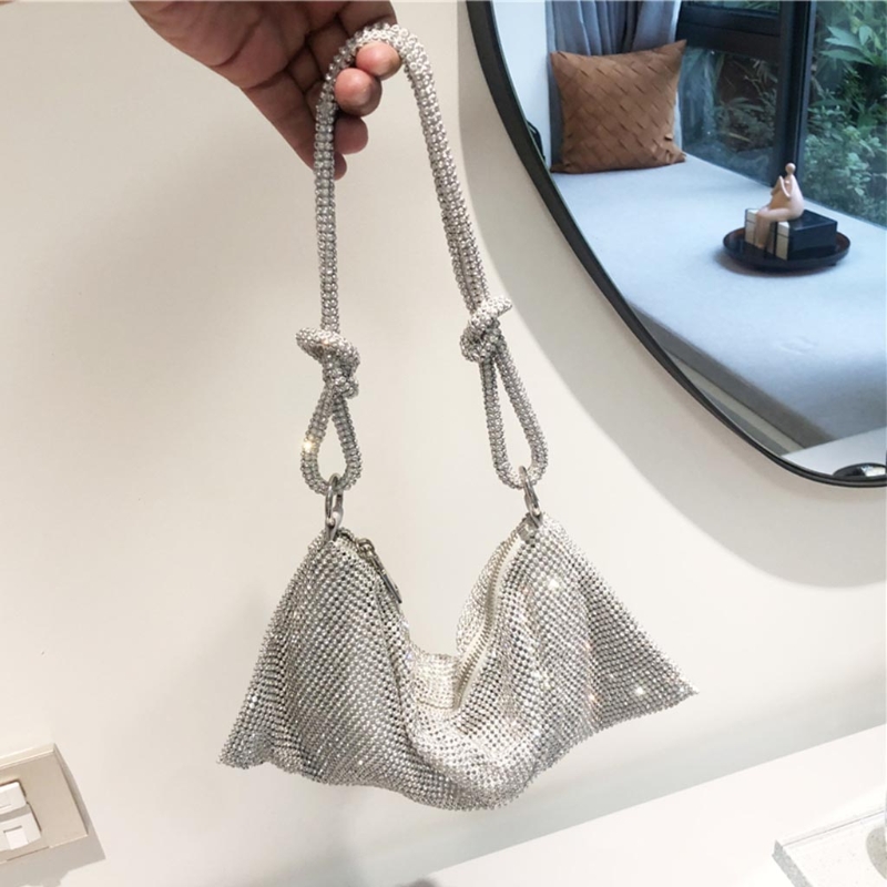 Shining Rhinestone Clutch Portemonnees Keten Riem Schoudertas Hobo Tassen Chic Alexander Onderarm Zak Top Rits: Zilver