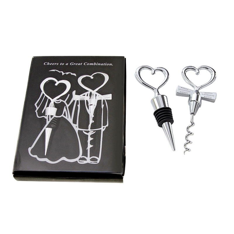 Liefde Hart Kurkentrekker Wijn Flesopener + Wijn Stopper Wedding Gunsten Voor Gasten Flesopener Set Bruiloft Decoratie: Black