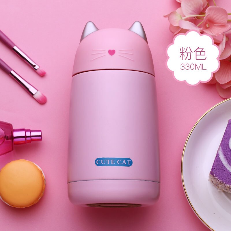 JOUDOO 330ml Thermos Cup Cartoon Cat Thermo Mug Drinkware Water Bottle Stainless Steel Vacuum Flask Leak-proof Tumbler 35: Pink