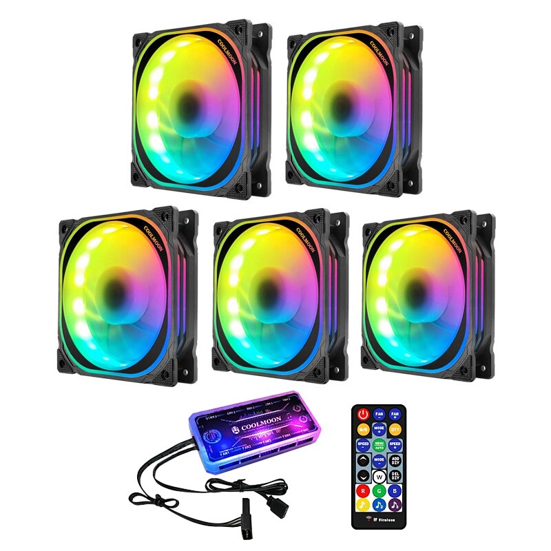 Coolmoon rgb datorhölje fläkt , 12cm tyst flera lager ljus + musik controller fjärrkontroll dator kylfläkt cpu fläkt  (5 st): Default Title