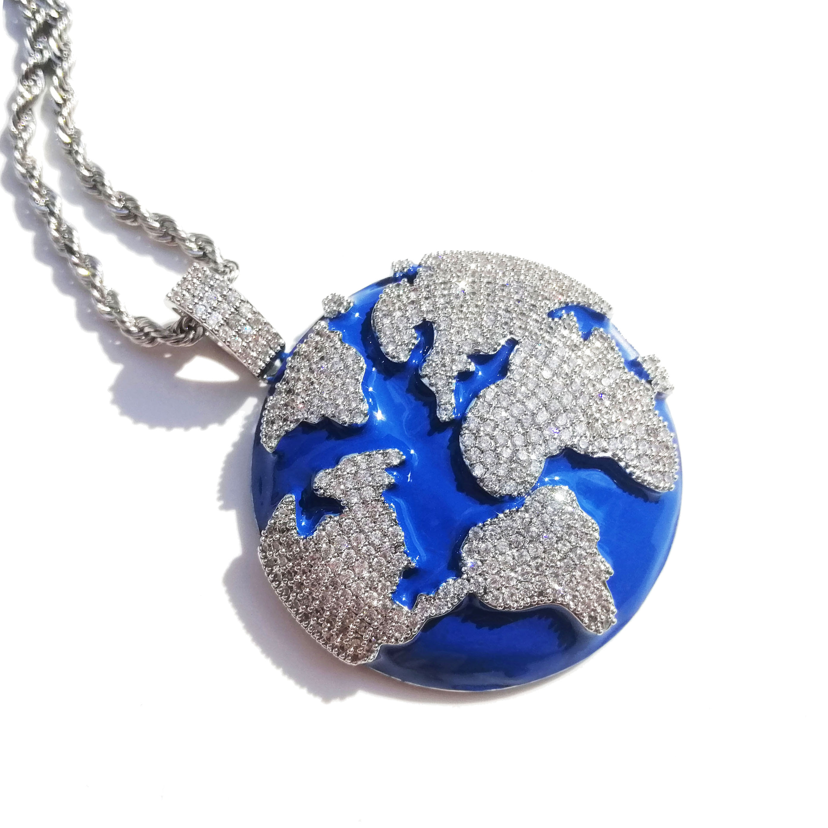 Iced Out Blue Earth Pendant Bling Cubic Zircon Necklace For Men and Women Hip Hop Jewelry