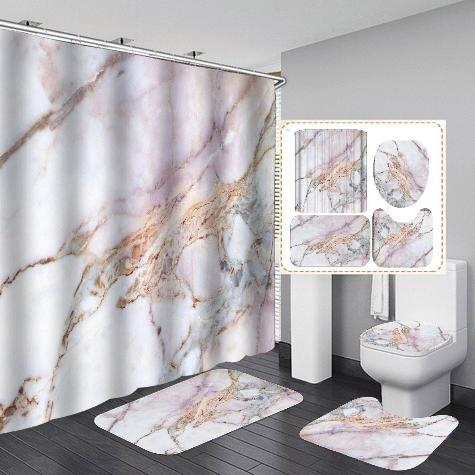 Tenda da doccia in marmo con trama a inchiostro Set da bagno morbido in 4 pezzi lussuoso tessuto in poliestere con stampa grafica con gancio: 6