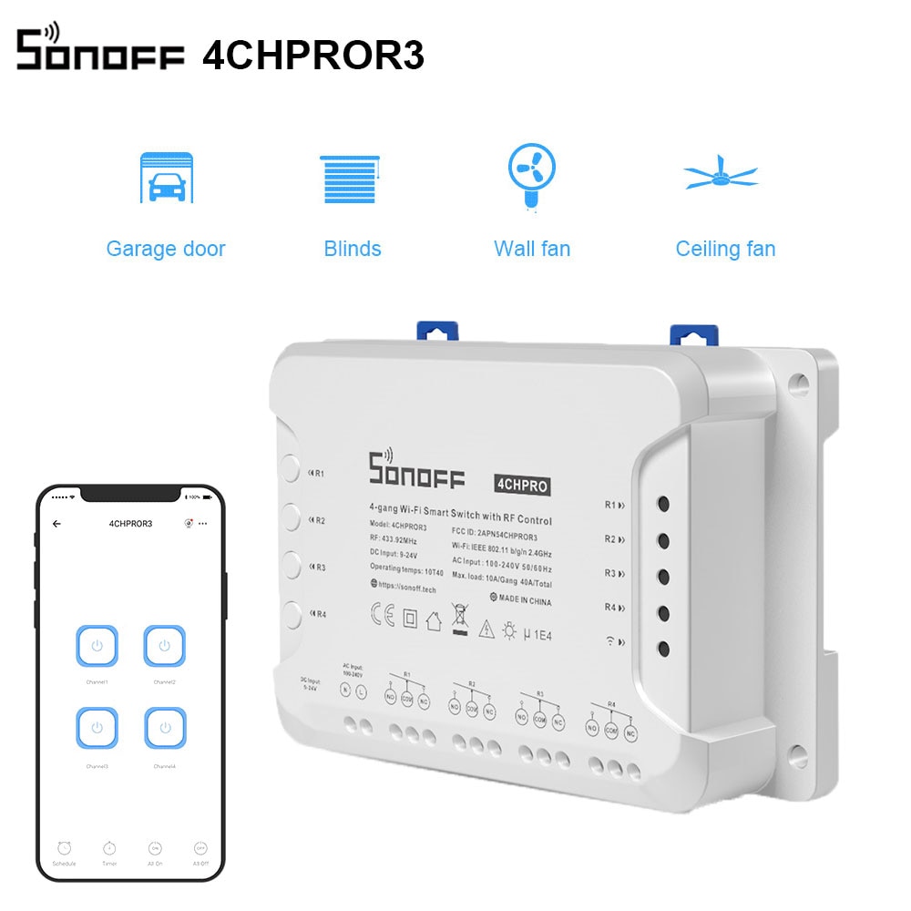 Sonoff 4CH PRO R3 Smart Switch 4 Gang 3 Working Modes Inching Interlock Wifi Remote Control Smart Switch for Home Appliances