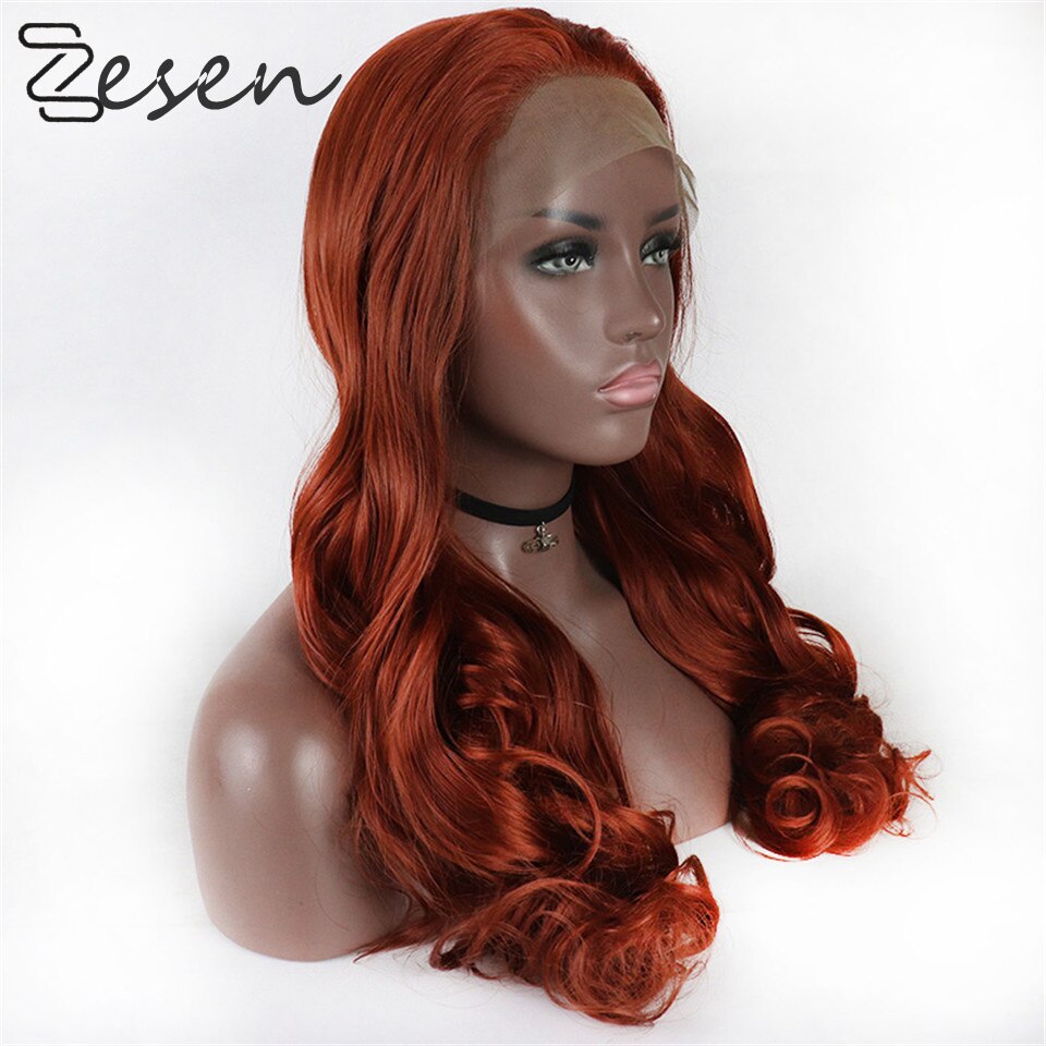Zesen Orange 13*Lace Front Wig High Temperature Fiber Copper Red Long Wavy Synthetic Wigs With Baby Hair