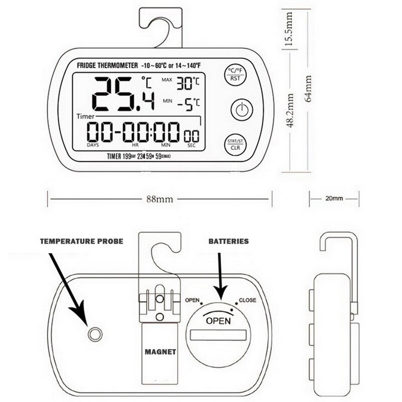Hanging Magnetic Refrigerator Digital Alarm Thermometer Temperature Gauge for Fridge Freezer with Battery Included^o^