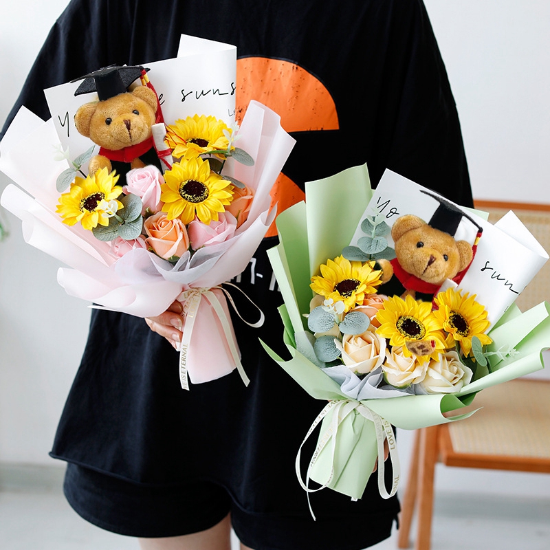 Ramo de ganchillo, ramo de flores para graduación, flor Artificial tejida, de boda, girasol acabado, graduación, de regreso a la escuela