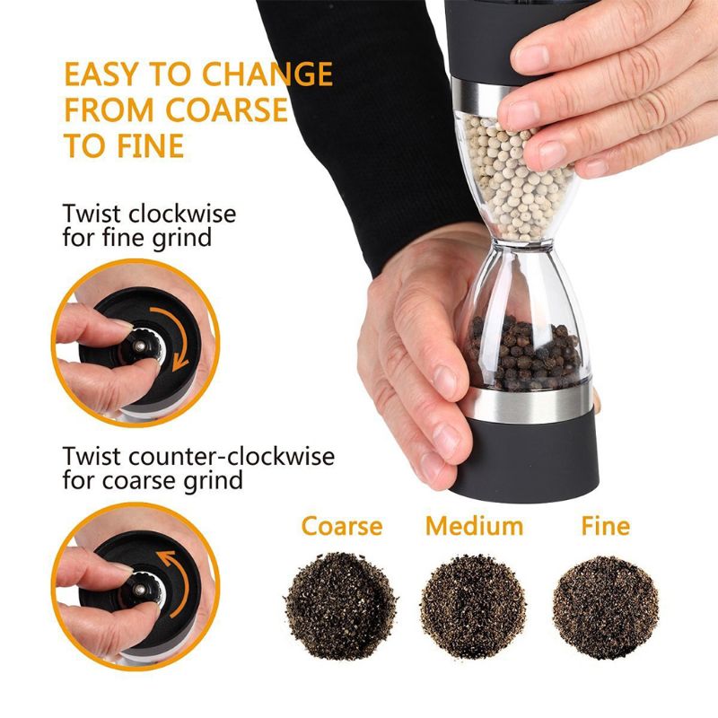 Dual Grind Pepper Salt Spice Seasonings Precision Grinder Mill Coarse To Fine Grain