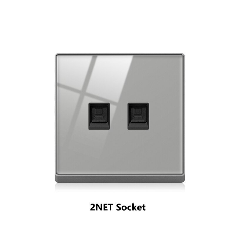 Atlectric Wall Socket Rj45 CAT5 Internet Outlet With TV Outlet Gray Crystal Glass Panel Double Computer Network Socket 86mm*86mm: 2RJ45