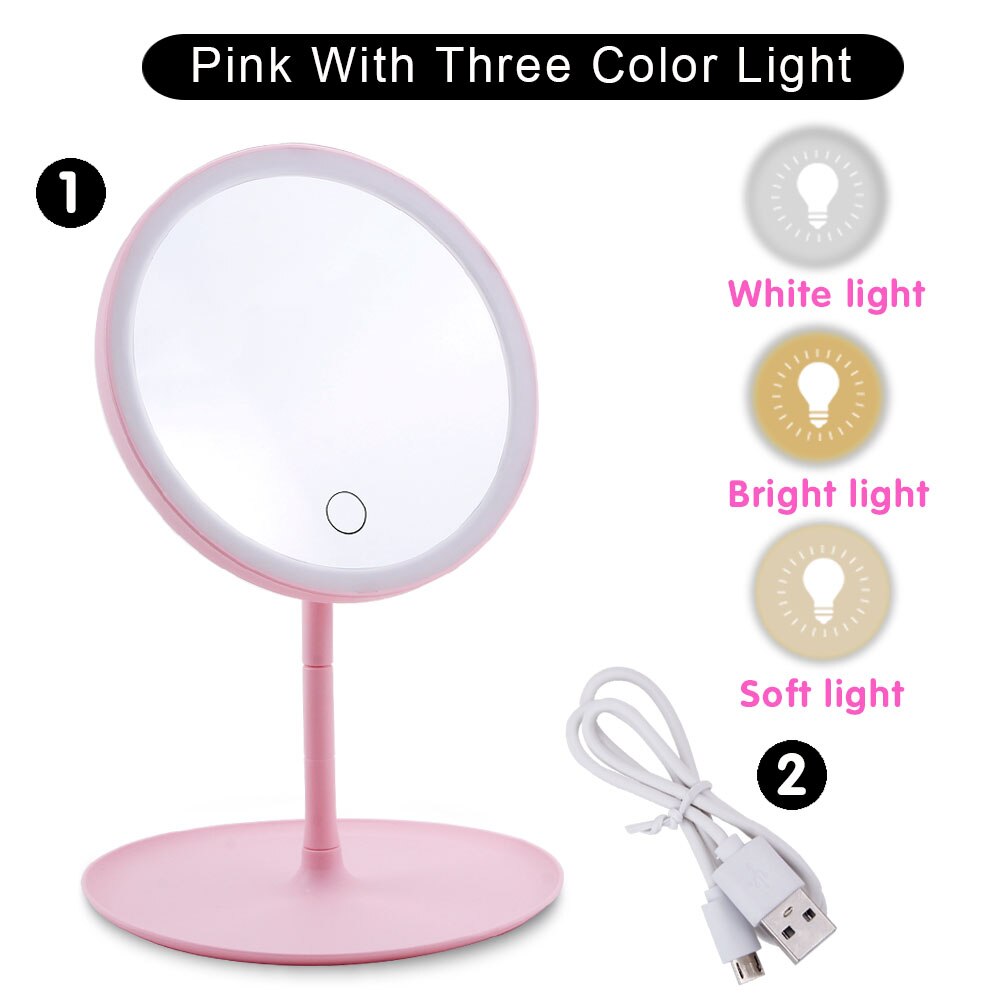 Makeup Mirror With Led Mirrors Vanity Backlit Daylight Illuminated Touch Screen Adjustable USB Desk Cosmetic Detachable/Storage: pink Three light