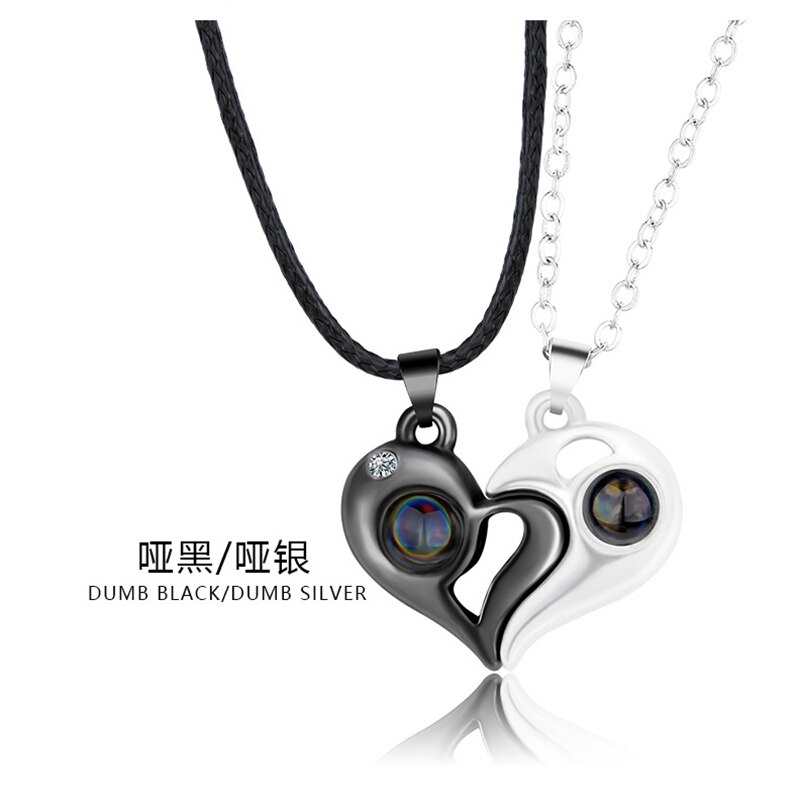 Trendy 2 Pcs/Set I Love You Projection Magnet Couple Pendants Necklace Choker Sun Moon Hearts Chain Lover Women Jewelry Collar: Heart 2