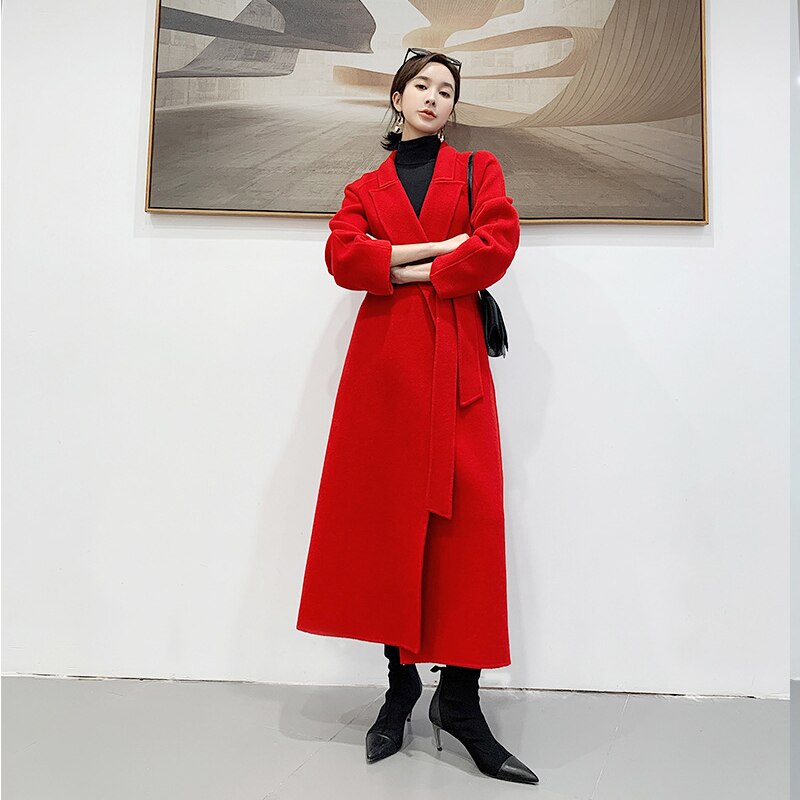 Manteau Long en laine rouge pour femme, haut de gamme, coréenne, ceinture, Slim, Double face, en cachemire, col , collection automne hiver 2022