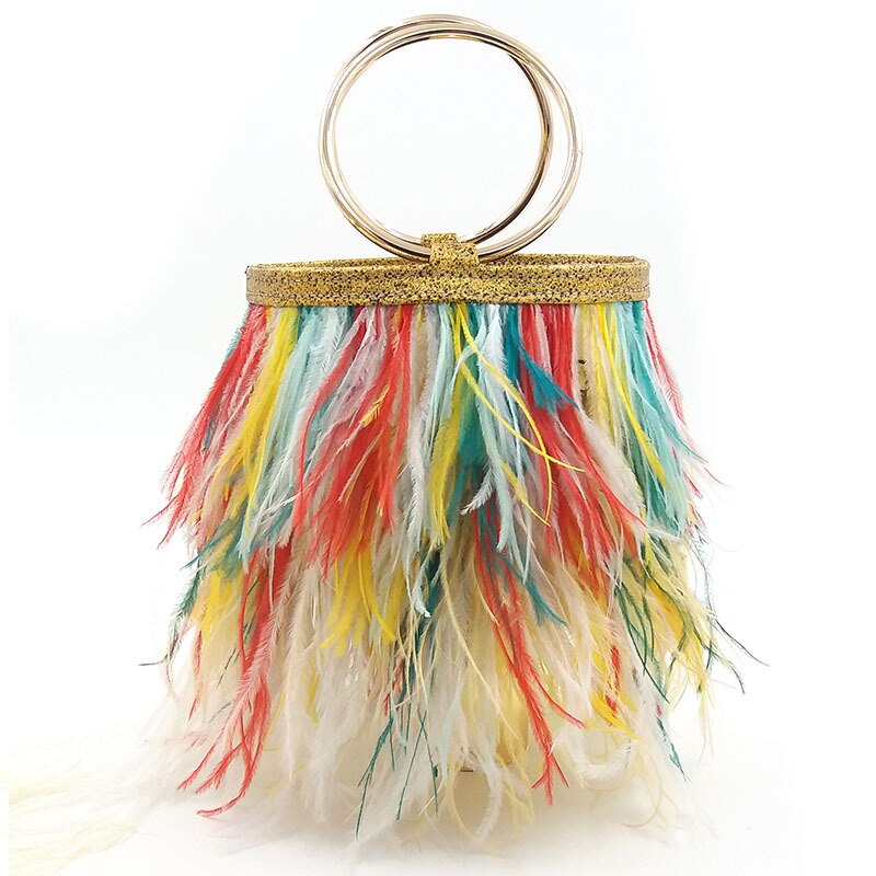 Luxury Ostrich Feather Wedding Purses and Handbags for Women Bucket Tote Pearl Fringe Party Chain Shoulder Bag: Coloful