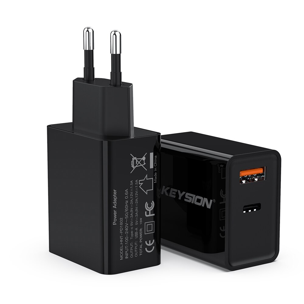 KEYSION PD Fast Charger 18W Dual USB Quick Charge 3.0 Charger For iPhone 13 12 11 Samsung Xiaomi Mobile Phone Charger Adapter: EU Plug Black