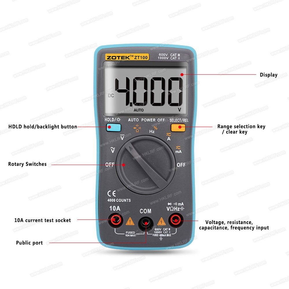 ZOTEK ZT100 Multimetro Digitale Multi Tester Luce Posteriore AC/DC Voltmetro Diodo