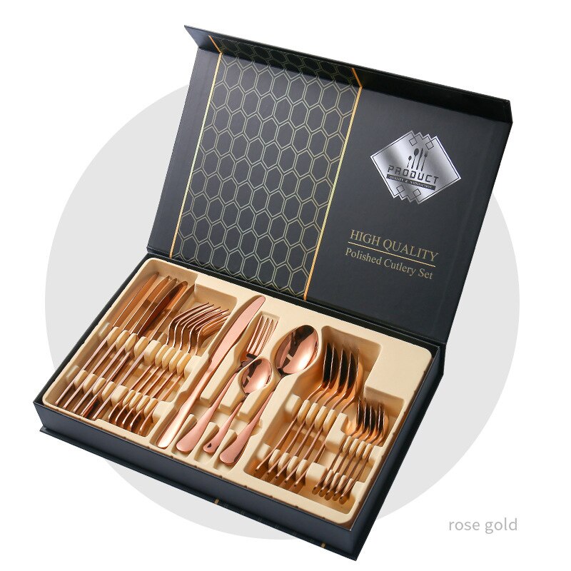 24 PCS Black Western Stainless Steel Dinnerware Cutlery Set Fork Knife Spoon Flatware Silverware Set Tableware Set: Rose gold
