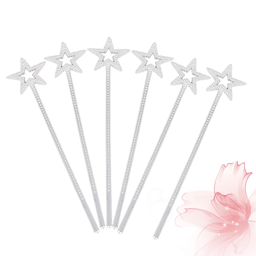 6 Pcs Prinses Wands Plastic Galvaniseren Pentagram Toverstaf Zilver Angel Fairy Wand Voor Verjaardagsfeestje Cosplay Bruiloft