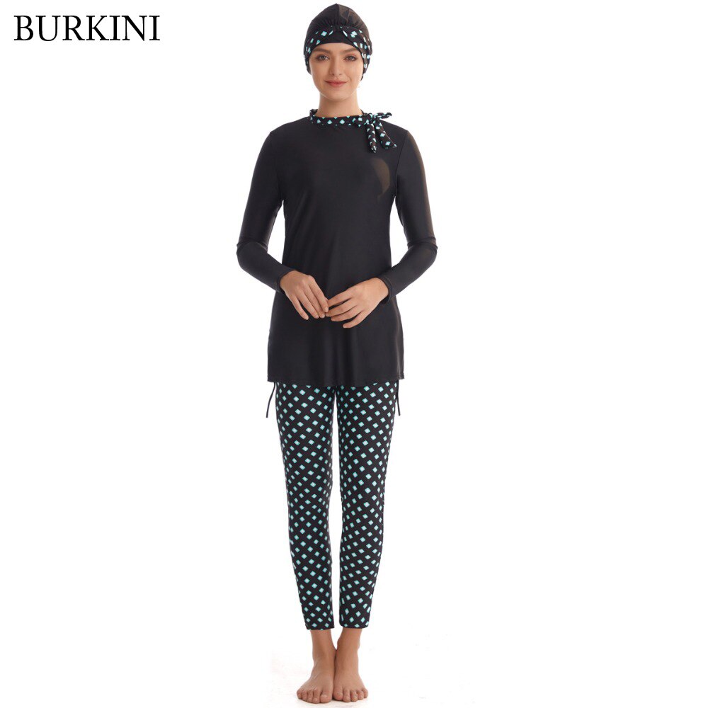 2022 Muslim Swimwear Women Full Cover Long Sleeve Swimsuit Modest Patchwork Islamic Hijab Islam Burkinis Wear Bathing