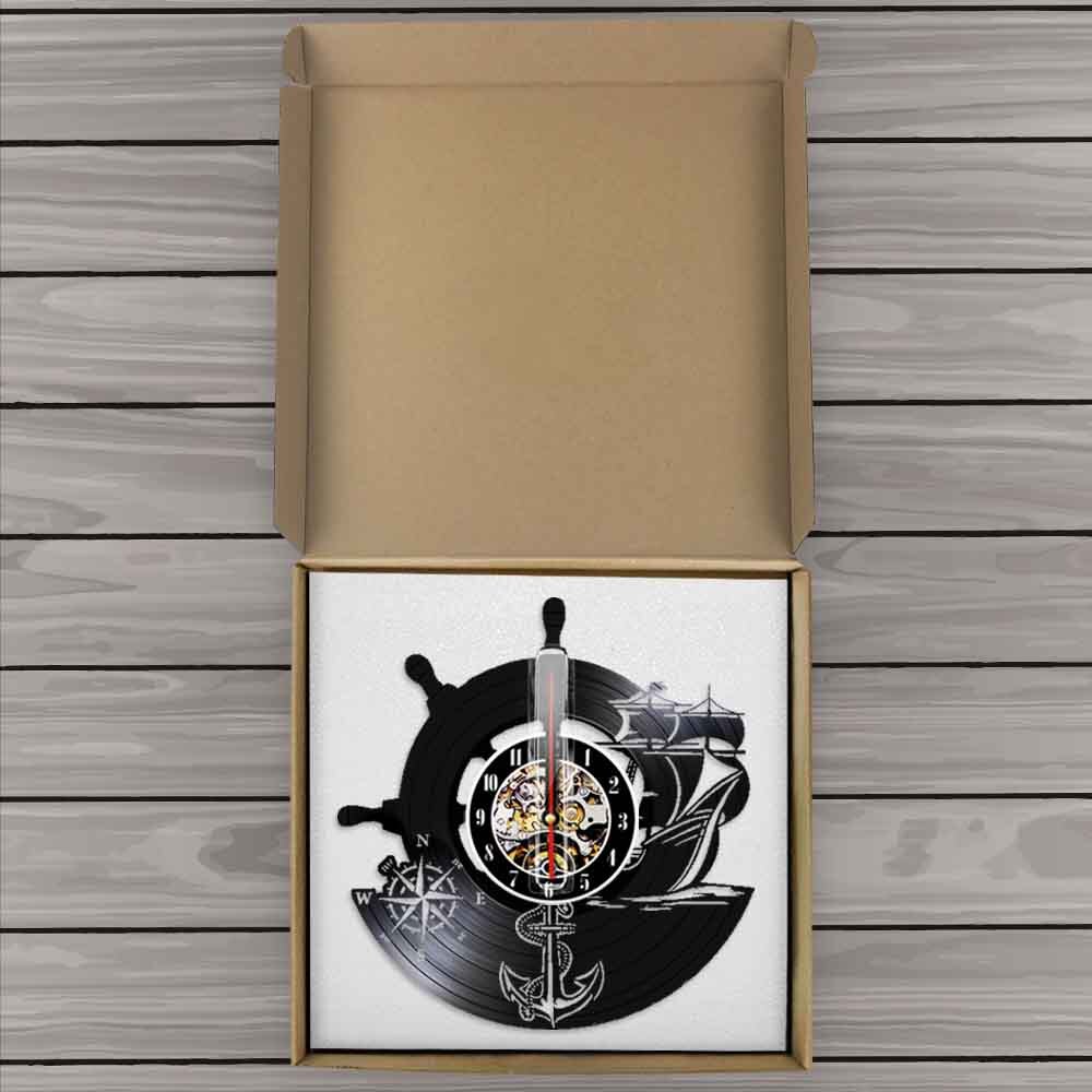 Ancre Vintage Horloge Murale Marin Marine Boussole Disque Vinyle Yachting Voile Moderne Bateau Mer Décor À La Maison Montre Led Lumière
