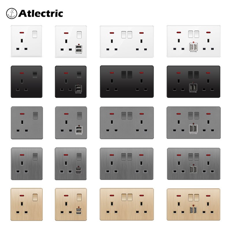 Avoir UK Standard 13A Wall Socket Black White Gray Plastic Embedded Panel Usb Socket With Switch 110-250V Two Britain Outlet