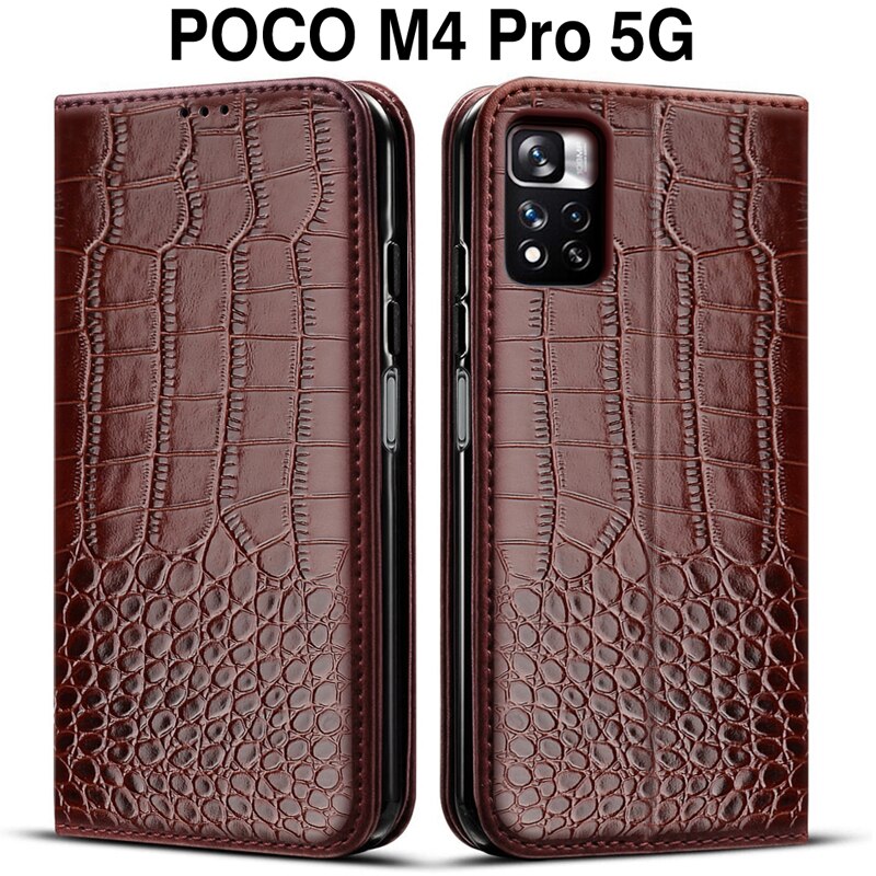 Capa para xiaomi poco m4 pro 5g caso flip carteira de couro hoesje livro para poko m4 pro caso do telefone coque com suporte de cartão: Deep Brown