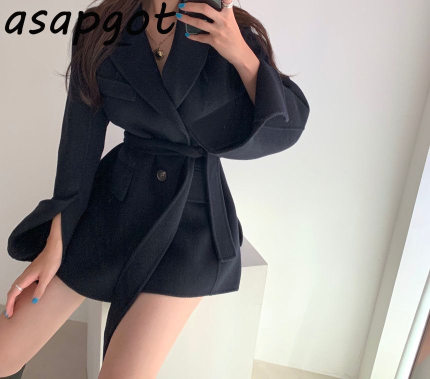 Abrigo con cinturón de invierno para mujer, Chaquetas de manga larga de solapa gruesa informal, holgada, de lana, Estilo Vintage,
