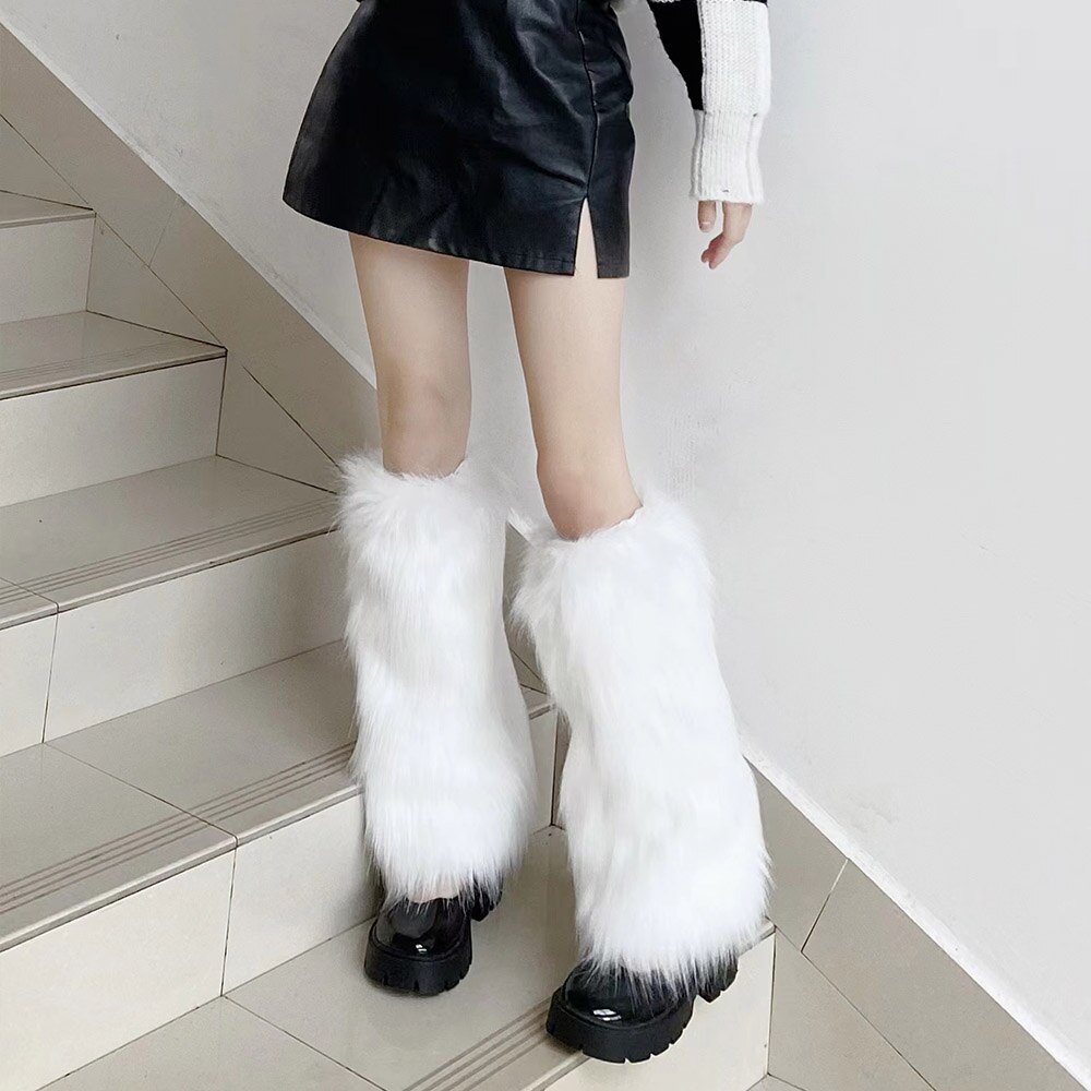 Calentadores de piernas peludos rosas Y2K Punk gótico calentadores de piernas de piel sintética cubiertas de botas señora lindo Jk hasta la rodilla Hipster calcetín cálido calcetines de: Marfíl