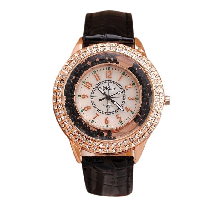 Runer Vrouwen Strass Horloge luxe Lederen vrouwen Horloges Vrouwen Jurk Horloge armband horloge vrouwen: black