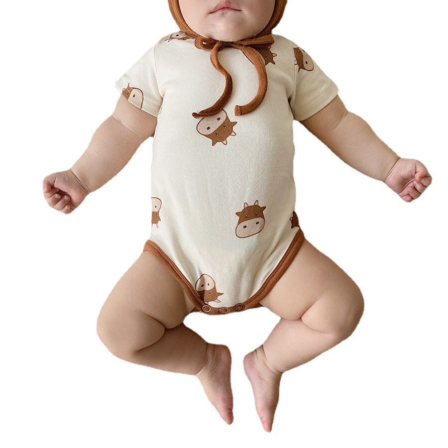 Toddler Baby Clothes Boy Cartoon Cow Pattern Printed Cotton Bodysuit Summer Infant Girl Short Sleeve Bodysuits +hat