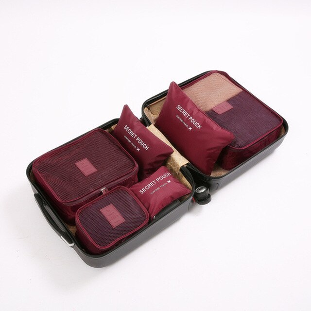 6Pcs/set Travel Luggage Storage Bags Suitcase Packing Set Portable Waterproof Clothes Baggage Cube Cases Organizer bag in bag: Wine red