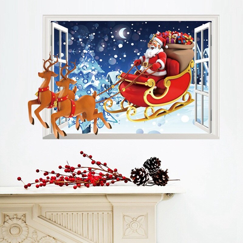 Santa Claus Reindeer 3d Window Wall Stickers For Home Decoration Christmas Diy Festival Mural Art Posters Kids Room Wall Decals