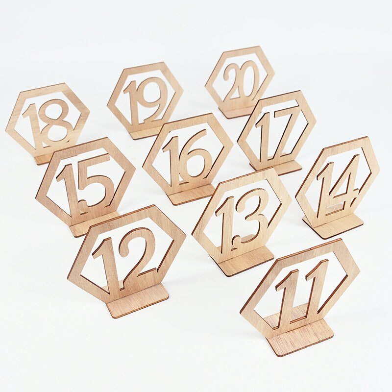 1-20 Nummer Houten Tafel Teken Hexagon Rustieke Bruiloft Plaats Kaart Desktop Decoratie Engagement Seat Nummer Borden Event Supplies